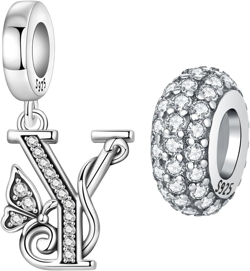 PANPOKI Store 2 Pack 925 Sterling Silver Butterfly Letter Charms for Bracelets and Necklace Alphabet Initial Dangle Pendants Round Spacer Beads Pave Cubic Zirconia Jewelry Gift for Women - Image 1